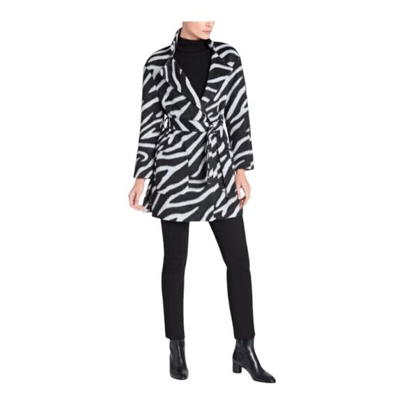 Jones New York Zebra Print Faux Fur Zebra Print Black & Gray Belted Wrap Coat, M - Picture 1 of 8